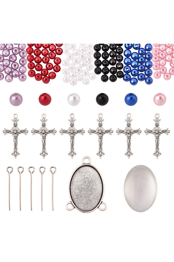 778Pcs DIY 6 Sets Rosary Making Kits Rosary Crosses Charms Cabochon Bezel Setting with Glass Cabochons Imitation Pearl Beads Crucifix CharmsDIY