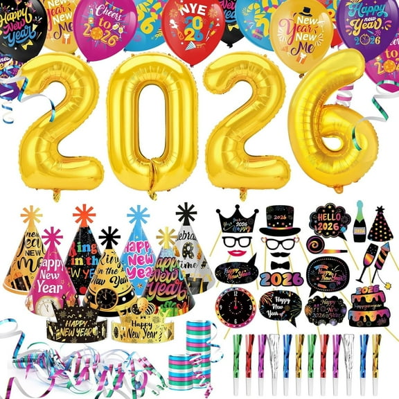 77PCS 2026 New Year Party Accessories Decorations, New Year Party Hats Photo Booth Props 2026 New Year Balloons Fringed Noise Maker Streamers 2026 New Year Eve Pack Favour Colorful