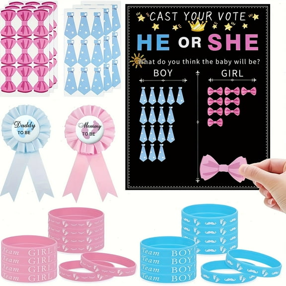 77PCS Gender Reveal Party Decorations, Boy Or Girl Voting Game Kit With 54 Stickers, 20 Wristbands, 2 Dad & Mom To Be Badges, Display Board, Pink And Blue Theme, Gender Reveal Ideas Voting Use