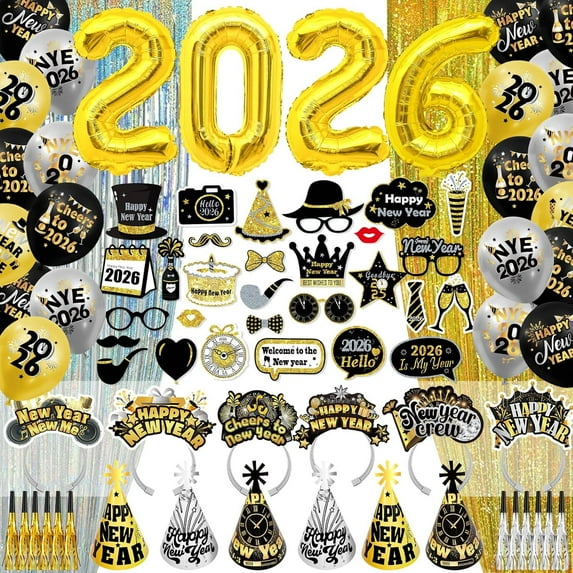 77PCS Glitter New Year Eves Party Supplies 2026 New Years Hats Happy New Year Headband Photo Booth Props Tinsel Backdrop Noisemaker 2026 Balloons for New Years Decorations NYE Decorations 2026
