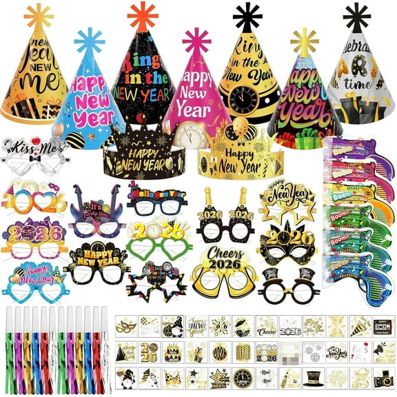 77PCS 2026 New Year Party Favors Set with New Year Party Hat, Glasses, Confetti Cannon, Tattoos, Fringed Noise Maker