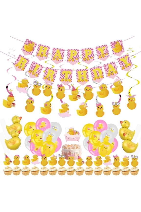 77Pcs Pink Ducky Party Decorations Cute Duck Birthday Party Accessory Include Hanging Banner Hanging Swirls Latex Balloons Cupcake Topper for Birthday Duck Themed Party Supplies