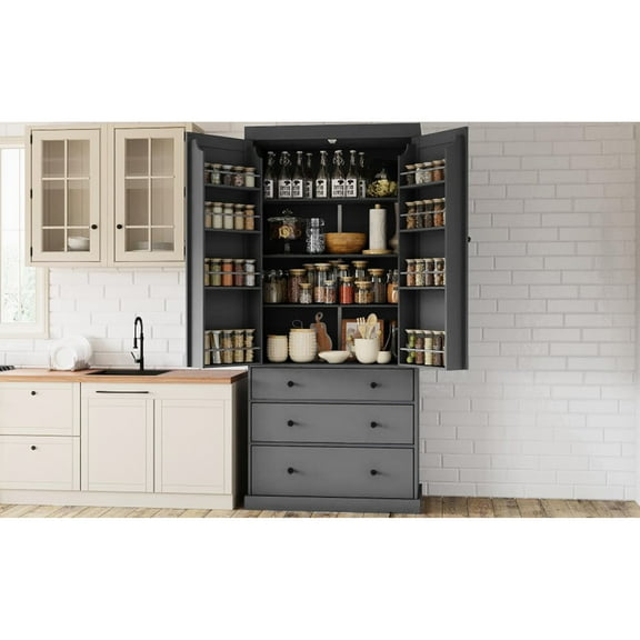 77inch Tall Gray Pantry For Kitchen, 3 Adjustable Shelves, 8 Door Drawers Efficient Storage Freestanding Kitchen Pantry, Shelves With Guardrails, Drawers, Safe