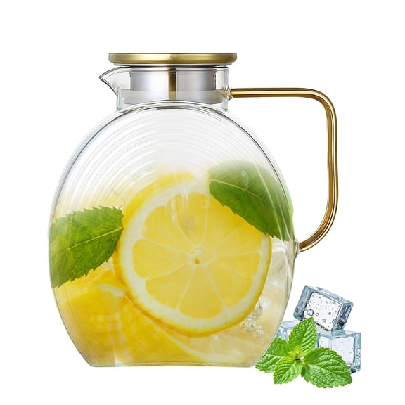 77oz Glass Water Pitcher with Gold Lid - 2.2L Large Capacity Jug with Wide Handle for Fridge, Iced Tea, Lemonade, Juice & Coffee