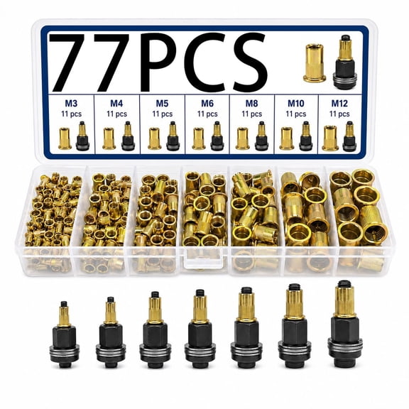 77-Piece Rivet Nut Tool Kit, M3-M12 Carbon Steel with Mandrels and Threaded Inserts for Automotive, Furniture and Sheet Metal Repair