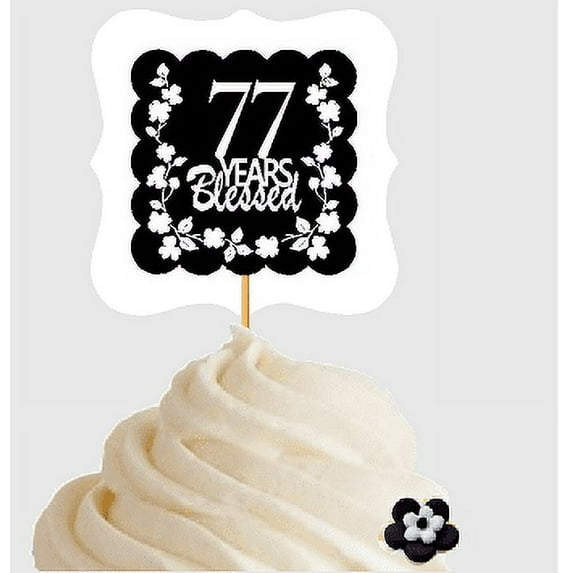 77th Birthday / Anniversary Blessed Cupcake Decoration Toppers Picks -12ct