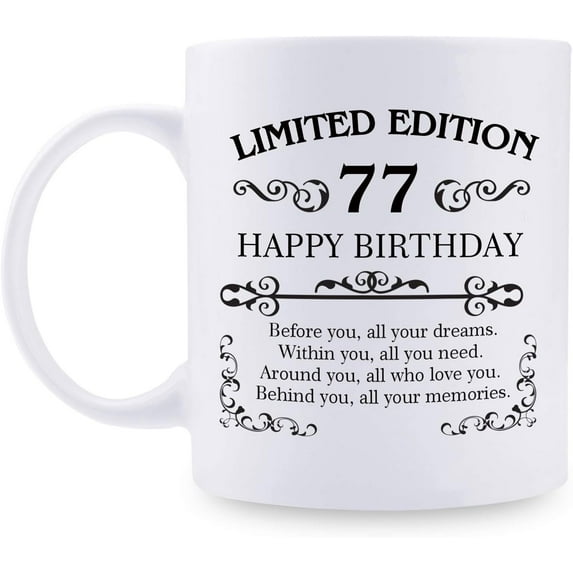 77th Birthday Gifts for Women Men - 11 oz Coffee Mug - 77 Year Old Present Ideas for Mom, Dad, Wife, Husband, Son, Daughter, Friend, Colleague, Coworker (77th Birthday Gift)