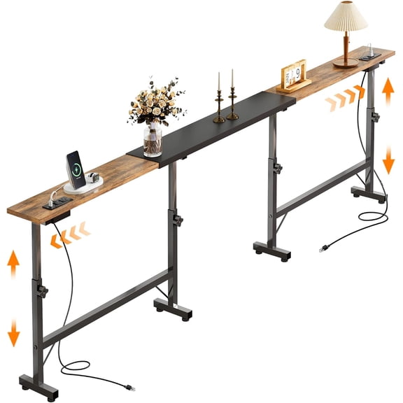 78"-106" Adjustable Length Behind Couch Sofa Table with 2 Power Outlets | 23" to 31" Adjustable Height, Narrow Console Table for Hallway Bedroom Living Room Decor Foyer Furniture Rustic, Brown