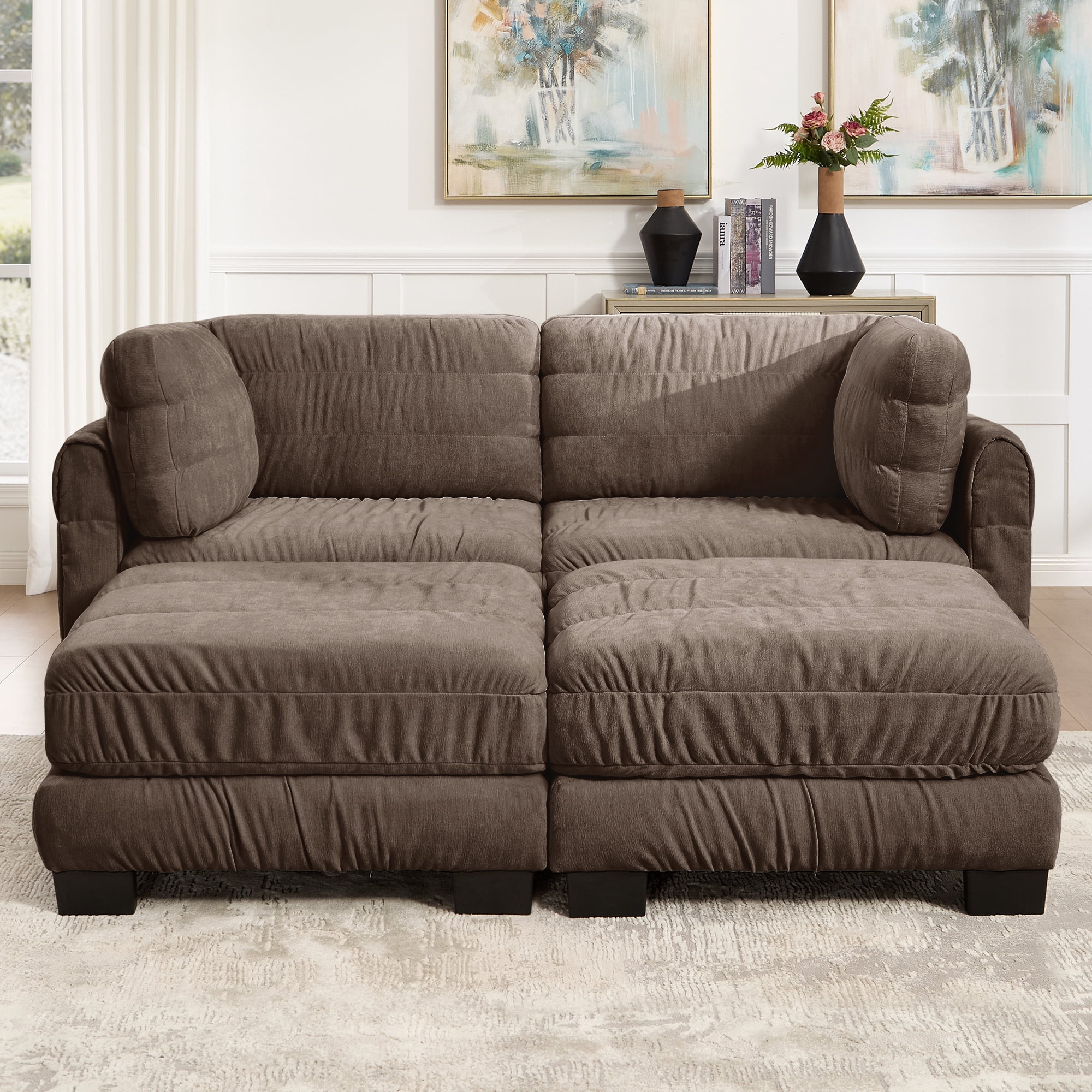 78" 2 Seat Chenille Modular Sectional Sofa with 2 Movable Ottoman and L Shape Back Cushions,Easy Assembly