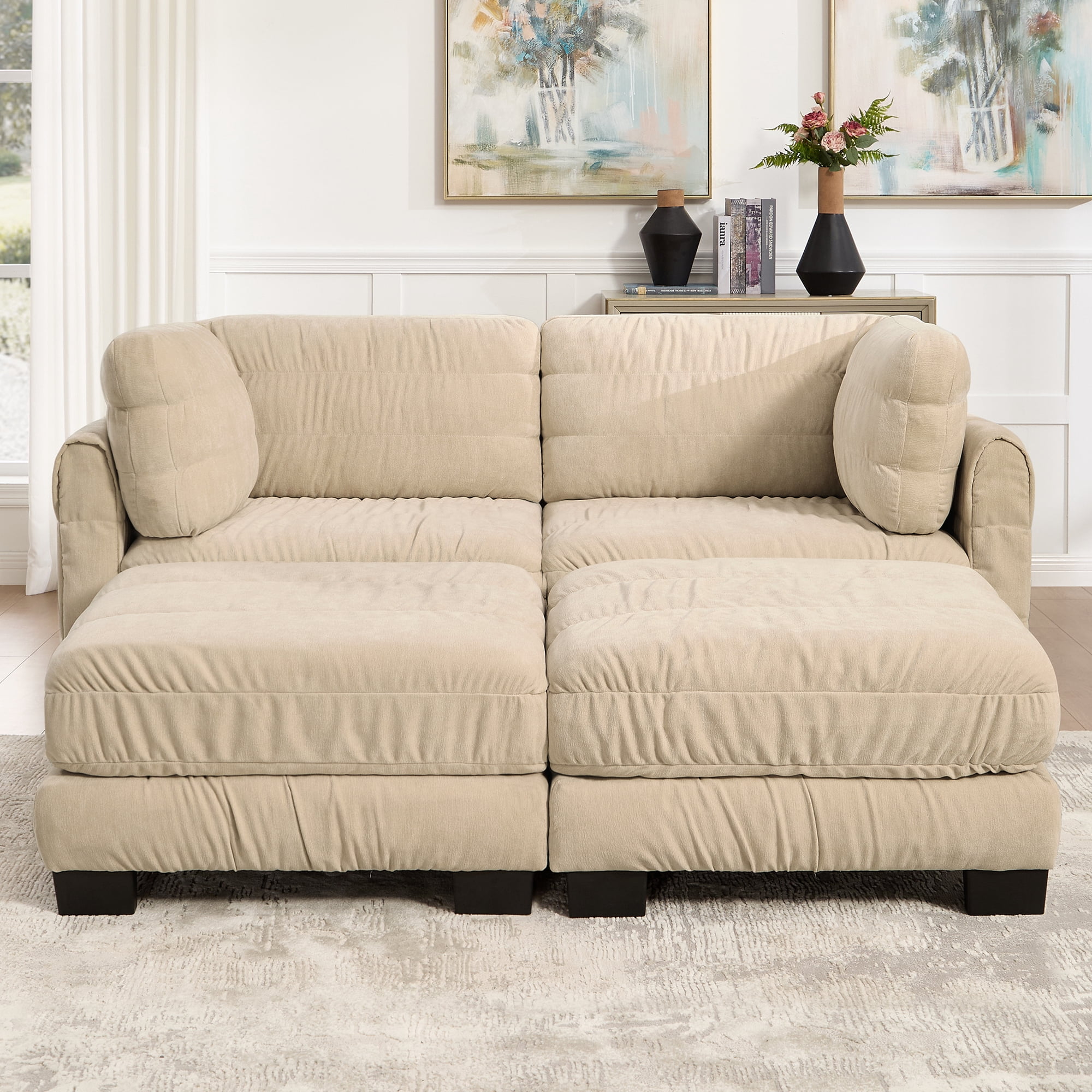 78" 2 Seat Chenille Modular Sectional Sofa with 2 Movable Ottoman and L Shape Back Cushions,Easy Assembly