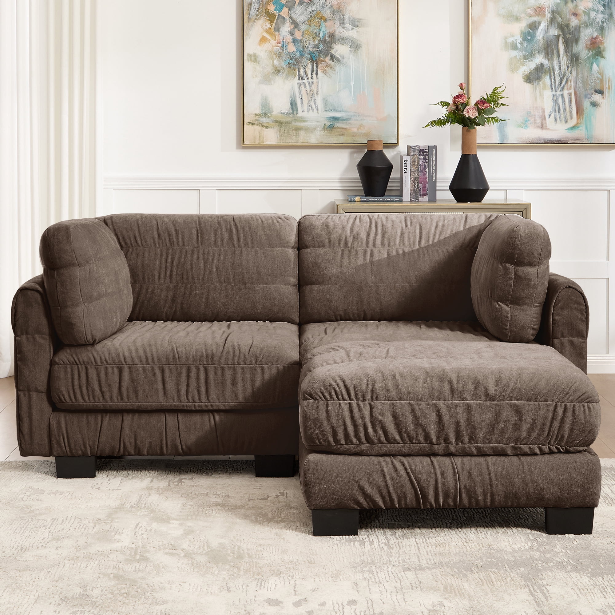 78" 2 Seat Chenille Modular Sectional Sofa with Movable Ottoman and L Shape Back Cushions,Easy Assembly