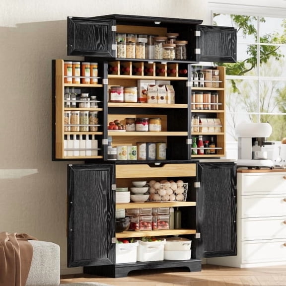 78.2" Tall Farmhouse Kitchen Pantry Cabinet with 8 Door Shelves, Storage Cabinet with 4 Adjustable Shelves, Hidden Drawer, Wine Rack, Versatile Cupboard for Kitchen, Dining, Bathroom, Ash Black