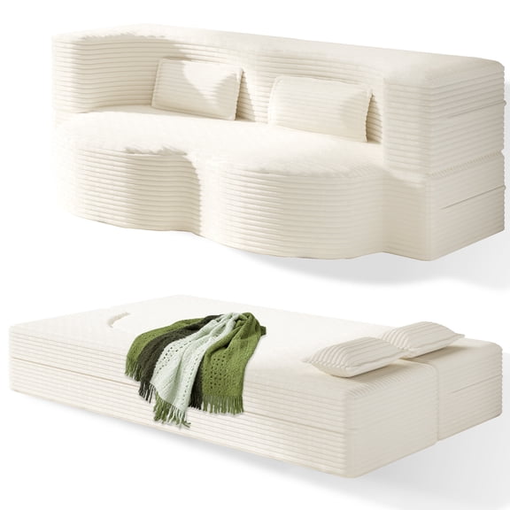 78" 2 in 1 Convertible Sofa Bed, Folding Loveseat Couch with 2 Pillows, Twin Size Futon Couch, Beige - Plush Corduroy