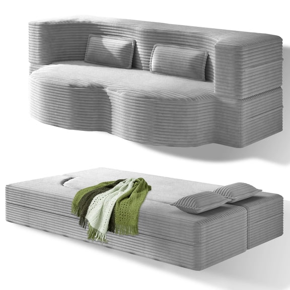 78" 2 in 1 Convertible Sofa Bed, Folding Loveseat Couch with 2 Pillows, Twin Size Futon Couch, Light Grey - Plush Corduroy