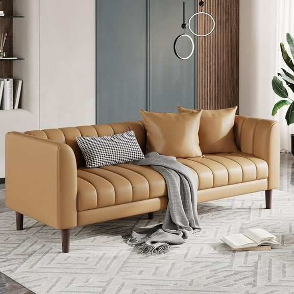 78" 3-Seater Deep Seat Sofa Couch, Mid-Century Modern Couches with 2 Throw Pillows Brown Faux Leather Small Couch for Apartment, Living Room