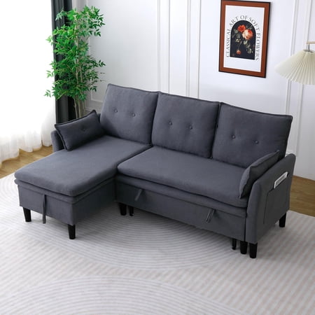 78.35''L-Shaped Reversible Chaise Sectional Sofa with Storage–Cotton-Linen Upholstery, Multi-functional storage sofa bed,Sofa couches for living room,Apartments & Offices.3-Seater, Drak Grey