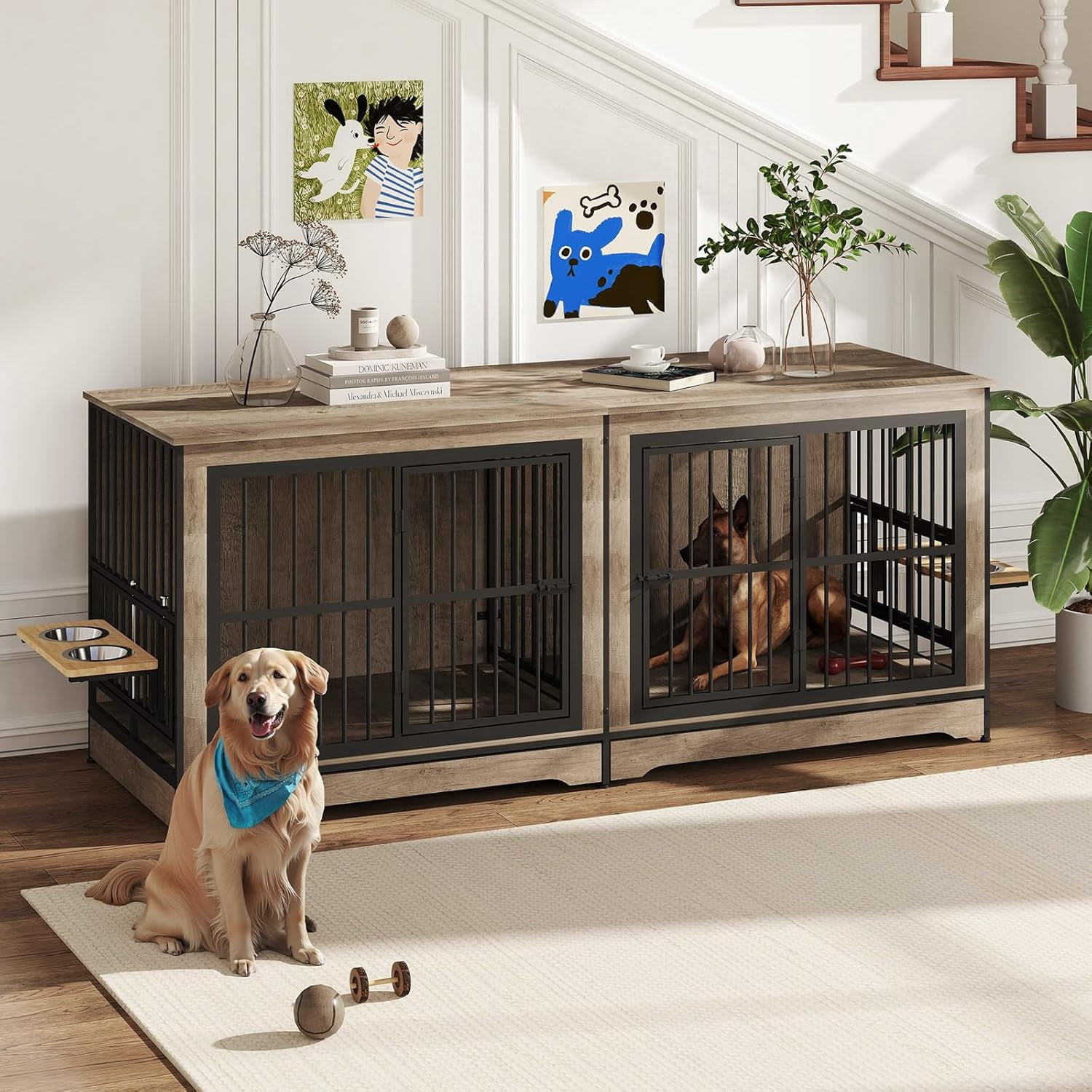 78'' Double Dog Crate Furniture XL Double Dog Kennel with 360° Rotating ...