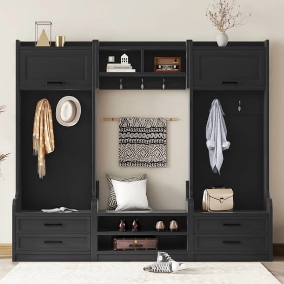 78" 4-in-1 Detachable Hall Tree with Storage Cabinet, 7 Hooks, Drawers & Shoe Bench, Entryway Coat Rack with Seating for Mudroom, Black