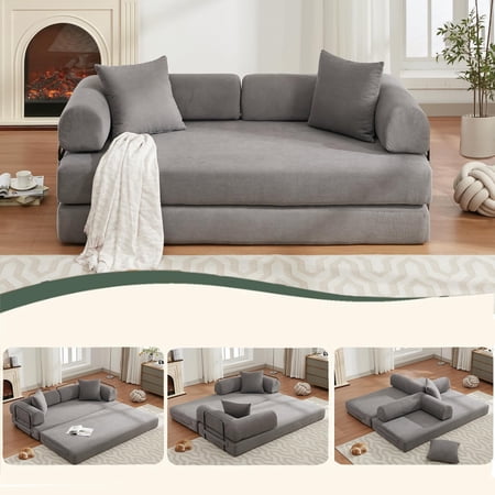 78.5" Convertible Corduroy Sofa Bed, 4-in-1 Folding Sleeper Couch with Removable Armrests, King Size, No Assembly, Space-Saving, Gray