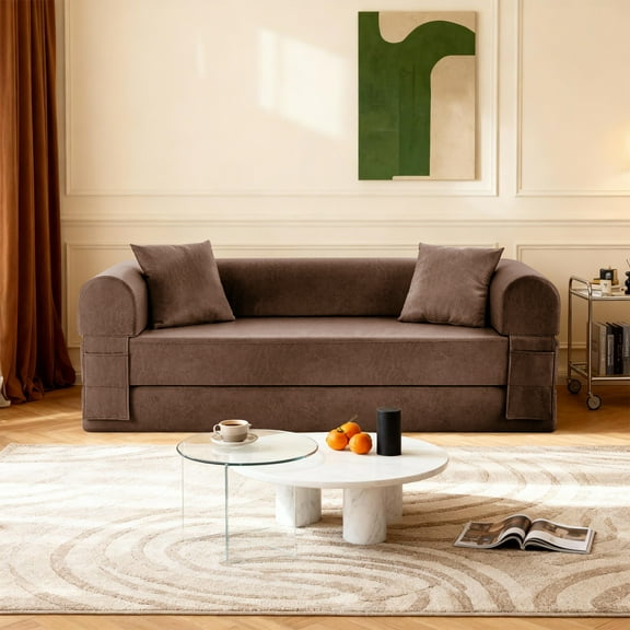 78.5" Convertible Sofa Bed, Faux Leather Futon Couch with Pillows & Side Storage Pocket, Floor Sleeper Brown Sofa in a Box,Boneless Couch for Living Room Bedroom