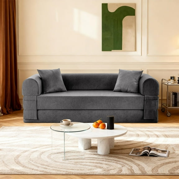 78.5" Convertible Sofa Bed, Faux Leather Futon Couch with Pillows & Side Storage Pocket, Floor Sleeper Gray Sofa in a Box,Boneless Couch for Living Room Bedroom