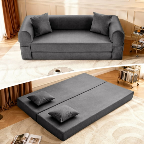 78.5" Convertible Sofa Bed, Faux Leather Futon Couch with Pillows & Side Storage Pocket, Floor Sleeper Gray Sofa in a Box,Boneless Couch for Living Room Bedroom