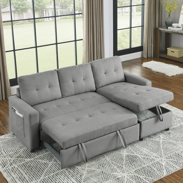 78.5 Inch Pull-Out Couch Bed, L-Shaped Sleeper Sofa with Storage Chaise ...