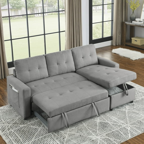 78.5 Inch Pull-Out Couch Bed, L-Shaped Sleeper Sofa with Storage Chaise & Side Bag, Modern Reversible Sectional Sofa for Living Room Small Space, Grey