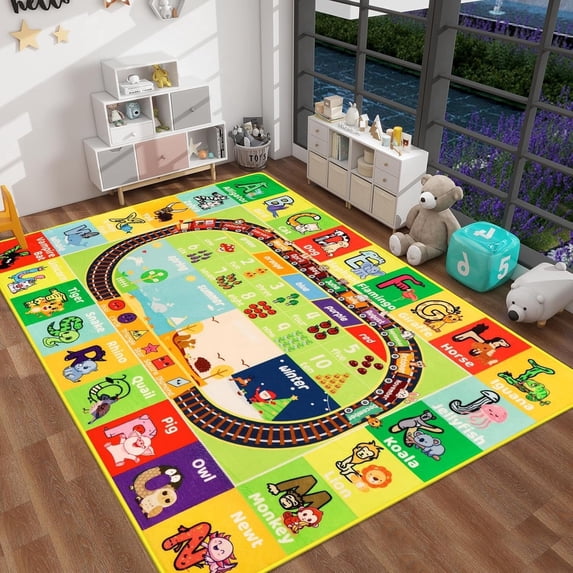 78.7"×118" ABC Kids Rug, Alphabet Animal Number Shape Baby Play Mat, Non Slip Early Learning Educational Carpet for Playroom, Classroom, Preschool and Game Area
