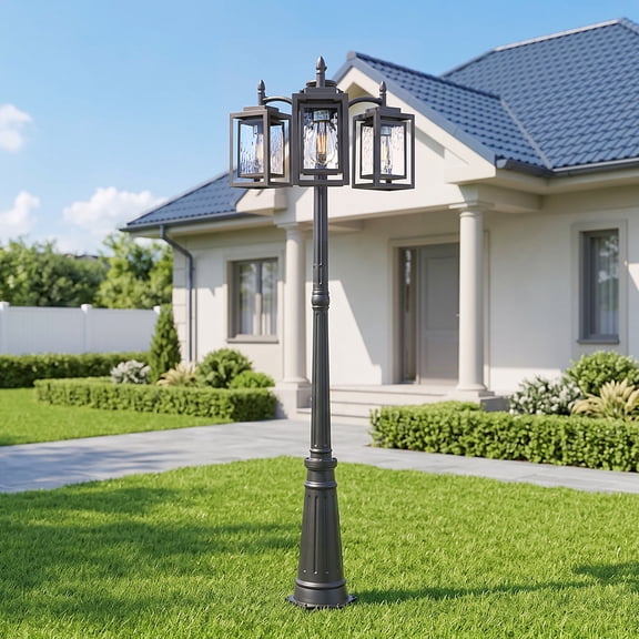78.7" 3-Head Outdoor Post Light with Water Ripple Glass Lanterns, Modern Post Light for Driveway, Pathway, Yard, and Garden, Matte Black, Bulbs Not Included