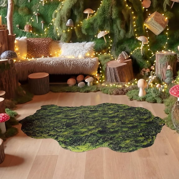 78.759.1inch Enchanted Forest Decorations Floor Cloth with Tape Plastic Artificial Fake Green Irregular Moss Ground Cover Fairy Decor for Enchanted Forest Fairy Jungle Spring Tea Birthday