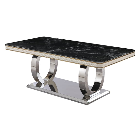 78.7" Black Imitation Marble Dining Table with Dual Circle Base | Seats 8, Modern Premium Design & Durable Stainless Steel
