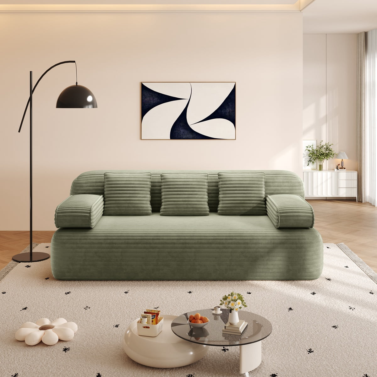 78.7'' Boneless Couches Queen, Corduroy Futon Sofa Bed, Modern Floor Couch, Cloud Convertible Sleeper Sofa Daybed, Comfy Loveseat, 3 Pillows, for Small Spaces, Living Room, Apartment, Green