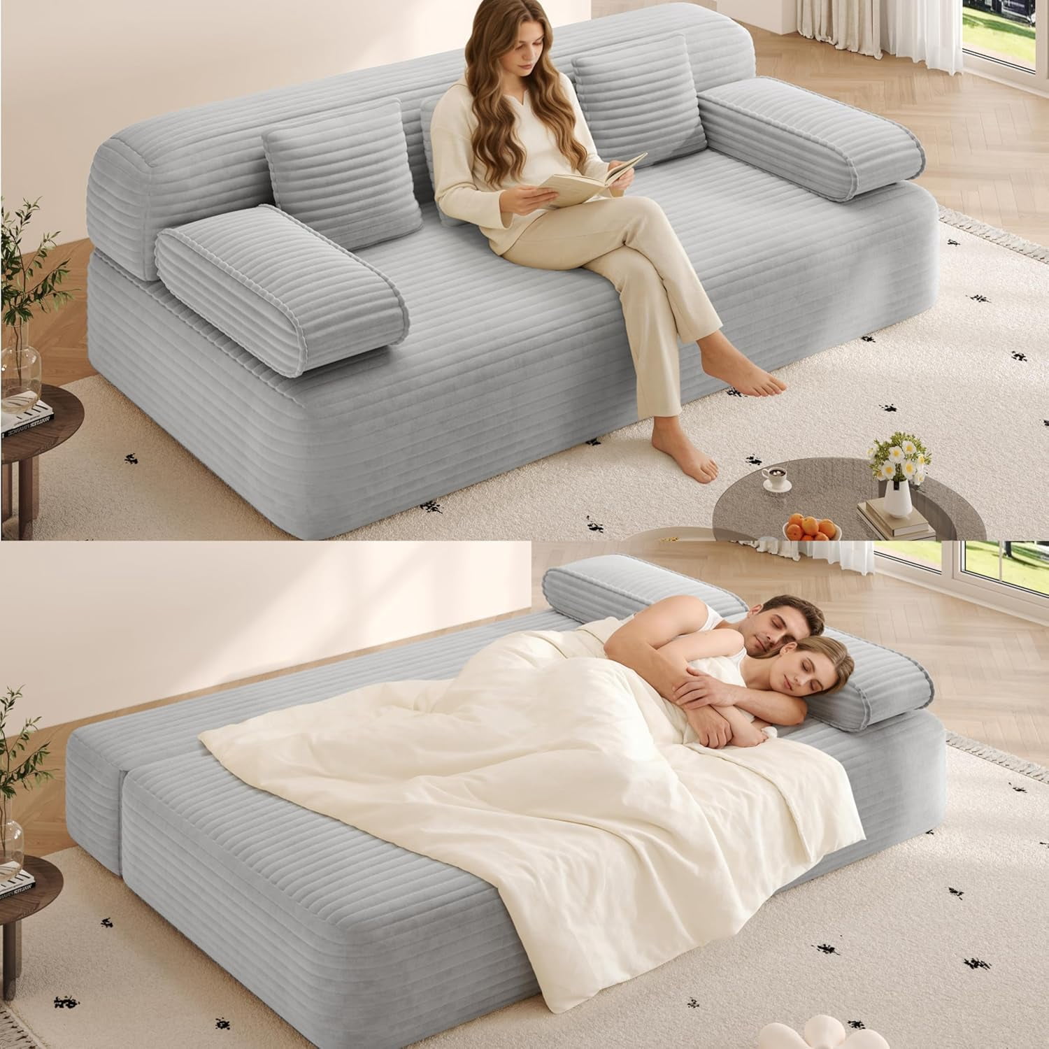 78.7'' Boneless Couches Queen, Corduroy Futon Sofa Bed, Modern Floor Couch, Cloud Convertible Sleeper Sofa Daybed, Comfy Loveseat, 3 Pillows, for Small Spaces, Living Room, Apartment, Gray