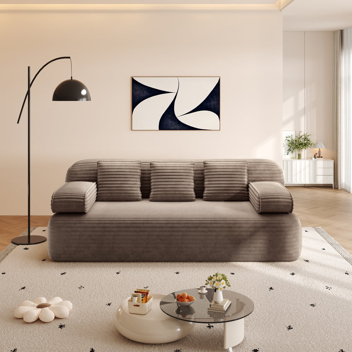 78.7'' Boneless Couches Queen, Corduroy Futon Sofa Bed, Modern Floor Couch, Cloud Convertible Sleeper Sofa Daybed, Comfy Loveseat, 3 Pillows, for Small Spaces, Living Room, Apartment, Camel