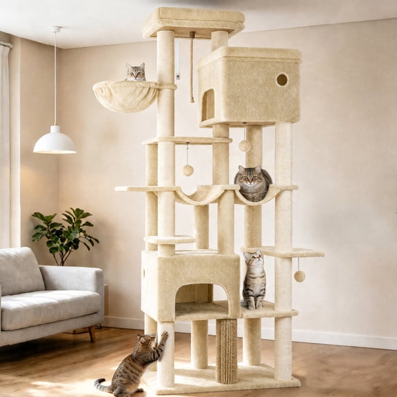 Hzuaneri Multi-Level Large Cat Tree, 78.7" Cat Tower for Indoor with 10Posts, 2 Caves, 2 Hammocks, Big Platform, Suit for Large Cats, Beige