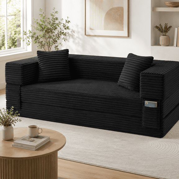 78.7" Convertible Corduroy Sofa Bed, 3-Seat Compressed Sleeper Couch with Pull-Out Lounger, Side Pockets & Pillows, Modern Loveseat for Living Room Bedroom, Black/Dark Gray/White