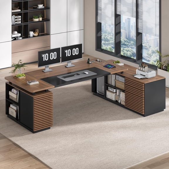 78.7" Executive Desk with File Drawers, Large L Shaped Computer Desk with Power Outlets, CPU Stand, Home Office Corner Desk with 2 Drawers, Cabinet, Shelves & Privacy Panel, Walnut