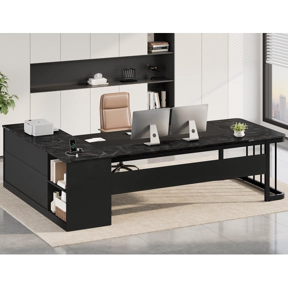 78.7" Executive L Shaped Desk with Power Outlets & File Cabinet, Large Corner Computer Desk with 3 Drawers and Shelves, Modern Workstation for Home Office, Black