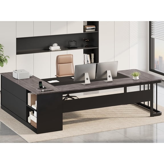 78.7" Executive L Shaped Desk with Power Outlets & File Cabinet, Large Corner Computer Desk with 3 Drawers and Shelves, Modern Workstation for Home Office, Gray