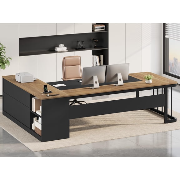 78.7" Executive L Shaped Desk with Power Outlets & File Cabinet, Large Corner Computer Desk with 3 Drawers and Shelves, Modern Workstation for Home Office, Oak