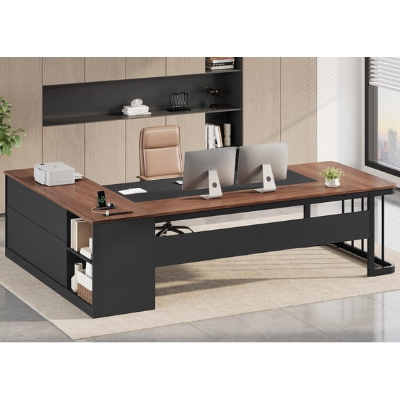 78.7" Executive L Shaped Desk with Power Outlets & File Cabinet, Large Corner Computer Desk with 3 Drawers and Shelves, Modern Workstation for Home Office, Walnut