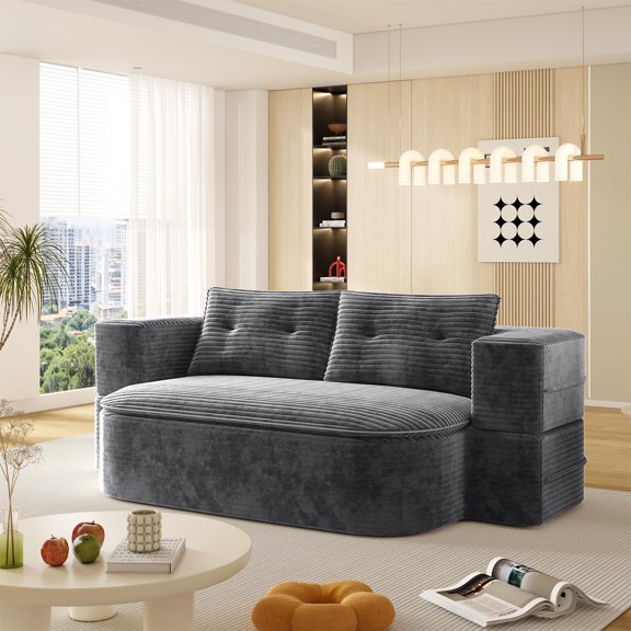 78.7 Foldable 2-in-1 Sofa Bed with Blanket, 78.7" Corduroy Floor Couch Sleeper, No Assembly, Dark Gray