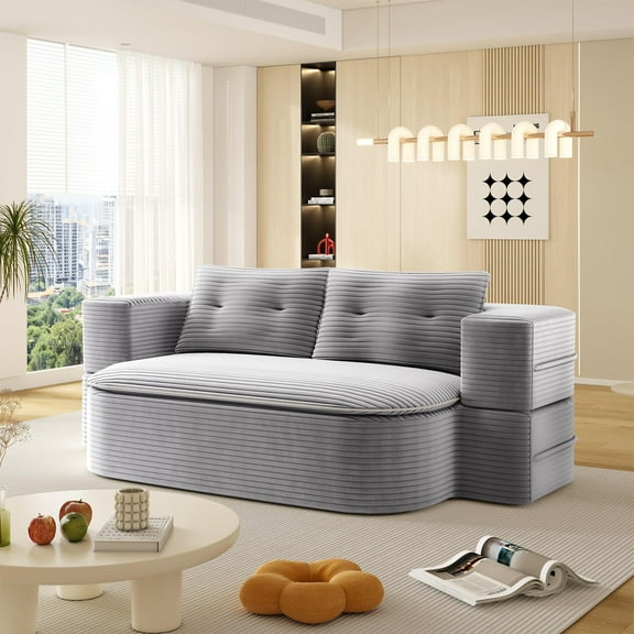 78.7 Foldable 2-in-1 Sofa Bed with Blanket, 78.7" Corduroy Floor Couch Sleeper, No Assembly, Light Gray