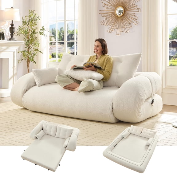 78.7"Foldable Sofa Bed - No Assembly Convertible Couch, Space-Saving Design with Plush Teddy Fabric, Easy to Clean