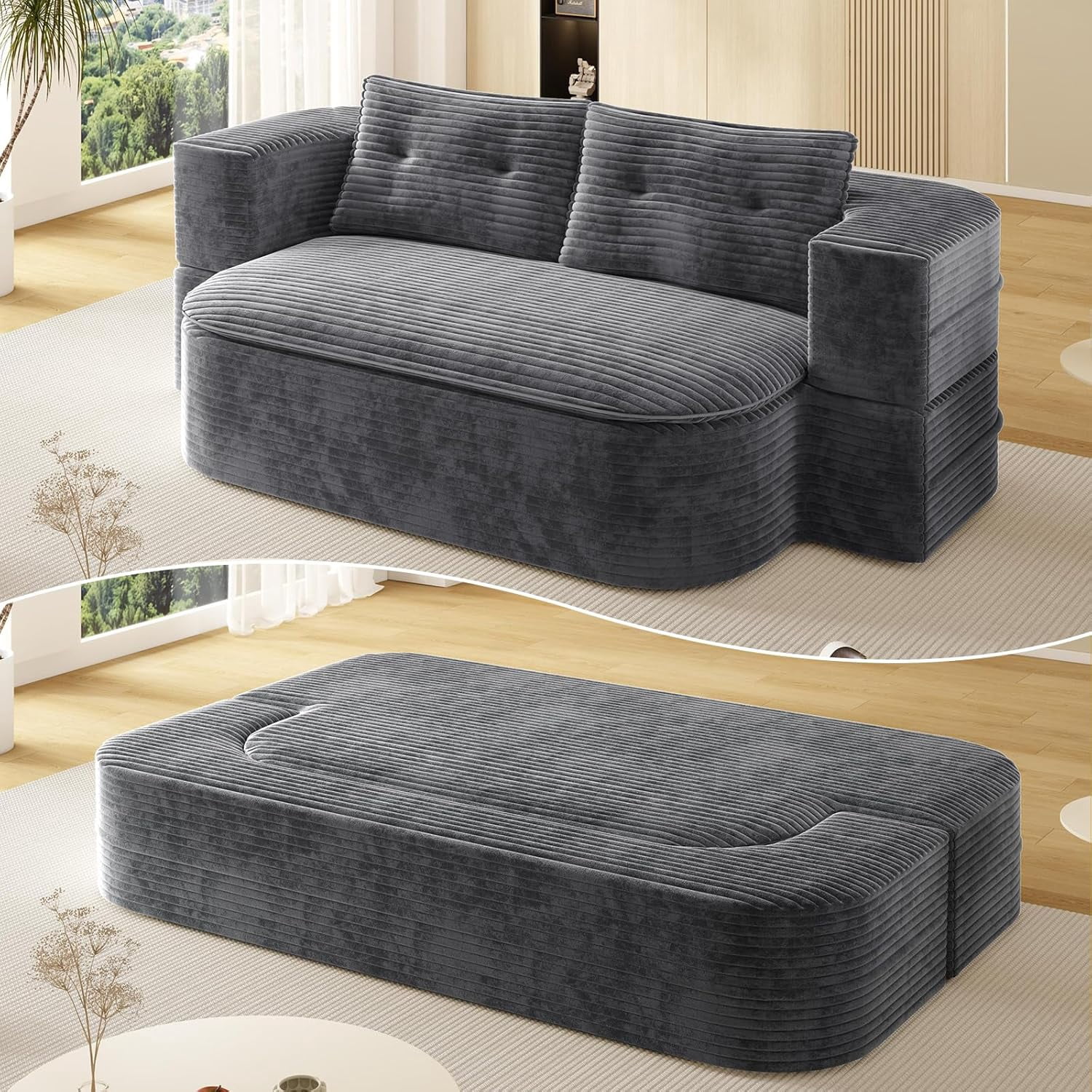 78.7'' Folding Sofa Bed Queen Sleeper Sofa, 2-in-1 Convertible Corduroy Boneless Couch with Blanket, Modern Futon Loveseat Couches for Living Room, Guest Bed, No Assembly Couch, Dark Grey