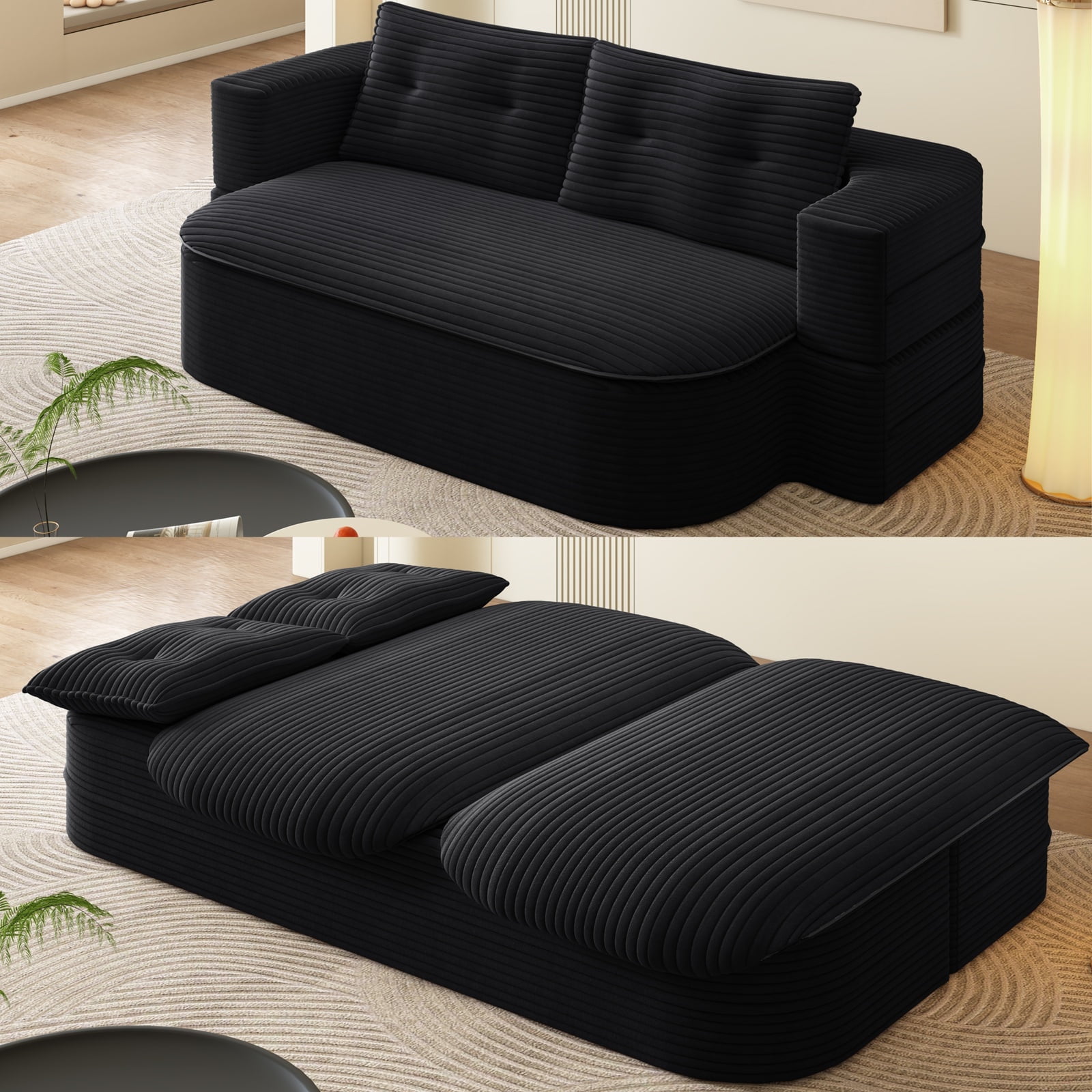 78.7" Futon Sofa Bed, 2-in-1 Foldable Sleeper Sofa, Convertible Sofa Bed with Pillows, Corduroy Couch with Multi Functional Blanket Upholstered Boneless Couches for Living Room, Jet Black