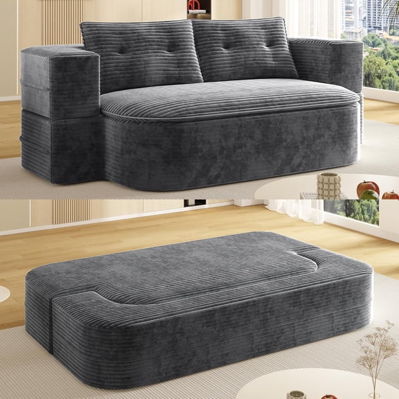 78.7" Futon Sofa Bed, 2-in-1 Foldable Sleeper Sofa, Convertible Sofa Bed with Pillows, Corduroy Couch with Multi Functional Blanket Upholstered Boneless Couches for Living Room, Dark Gray
