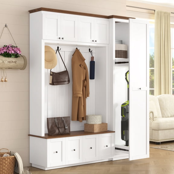 78.7'' H Entryway Hall Tree with Storage Bench, 5-in-1 Farmhouse Coat Rack Shoe Bench with Cabinets, Drawers and Hooks,for Hallway, Entryway, Living Room, Mudroom,White