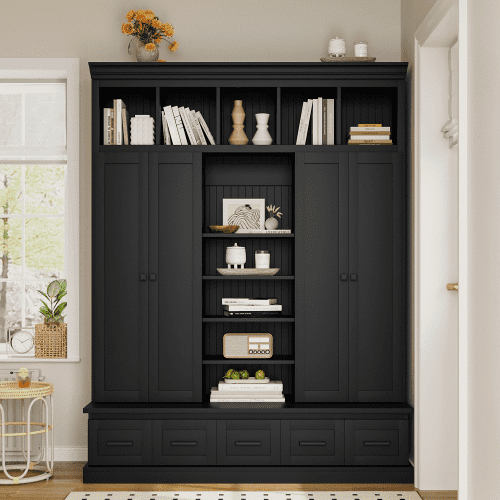 78.7" H Hall Tree with Bench and 5 Storage Cubbies, Modern Entryway Organizer Cabinet with 4 Doors, 5 Drawers, Adjustable Shelves, MDF, Metal Handles, for Hallway, Living Room, Black